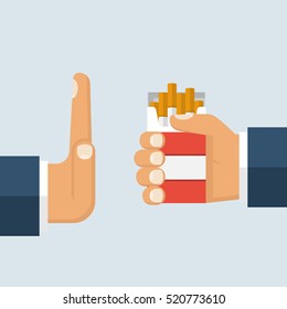 No smoking. Reject cigarette offer. Anti tobacco concept. Cigarette pack in his hand. Hand gesture to reject proposal smoke. Vector illustration flat design.