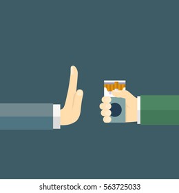 No smoking. Reject cigarette offer. Anti tobacco concept. Cigarette pack in his hand. Hand gesture to reject proposal smoke. Vector illustration flat design.