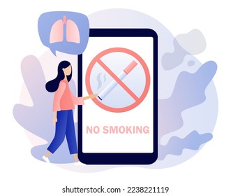 No smoking. Rejection of nicotine, stop smoke, healthy habits. Crossed out sign with cigarette on smartphone screen. Modern flat cartoon style. Vector illustration on white background