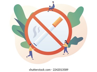 No smoking. Rejection of nicotine, stop smoke, healthy habits. Crossed out sign with cigarette. Modern flat cartoon style. Vector illustration on white background