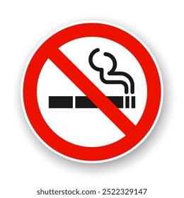 No smoking. Round vector icon. Black cigarette in red crossed circle on white background.