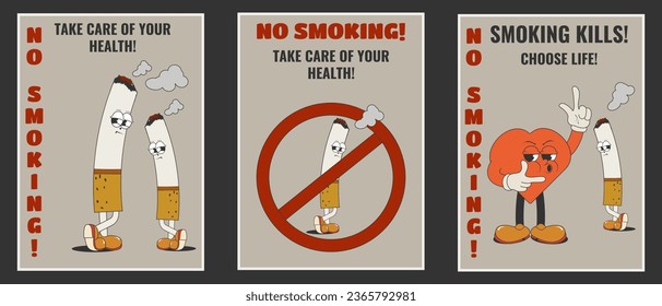 No smoking! A set of posters with cigarettes and slogans about the dangers of tobacco:smoking kills, health care.Vector illustration in retro cartoon style with comic characters cigarette and heart.