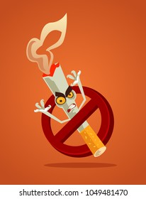No smoking sign and angry bad danger cigarette monster character mascot in restrict red circle. Tobacco smoke habit addiction dependence problem concept. Vector flat cartoon illustration