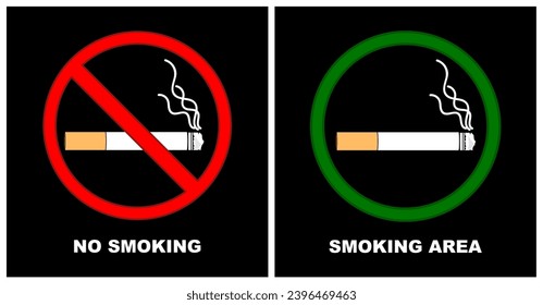 No smoking sign and Smoking area sign vector illustration, Nosmoking sign on black background, Cigarette symbol, vape in prohibition, smoking area icon isolated, smoking signs. stop smoke.
