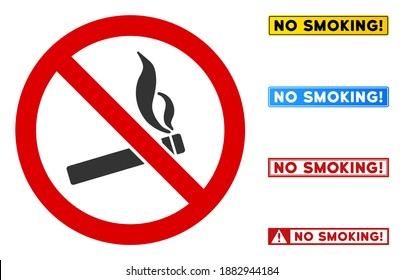 No Smoking sign with badges in rectangle frames. Illustration style is a flat iconic symbol inside red crossed circle on a white background. Simple No Smoking vector sign, designed for rules,