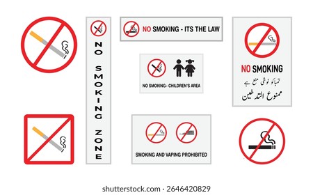No Smoking sign bundle with safety, hazard, polite, and multilingual labels featuring cigarette prohibition icons for public areas, workplaces, and health zones.