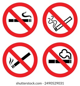 no smoking sign with burning cigarettes and smoke prohibition and health risk illustration set