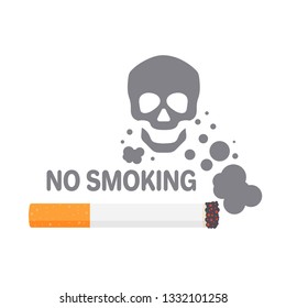 No smoking sign with cigarette, smoke and skull.Vector illustration on white background