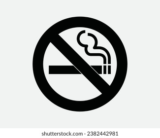 No Smoking Sign Cigarettes Prohibited Not Allowed Cannot Ban Forbid Smoke Free Zone Warning Stop Black White Outline Line Shape Icon Symbol EPS Vector
