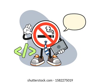 No smoking sign developer with speech bubble cartoon. Mascot Character vector.