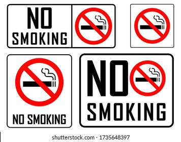 No smoking sign different designs in black frame isolated on white background. Forbidden sign icon, vector illustration.