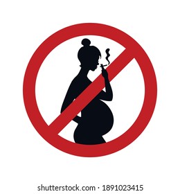 No smoking sign during pregnancy, black female silhouette of a pregnant woman with a cigarette in her hand. Vector illustration isolated on white background