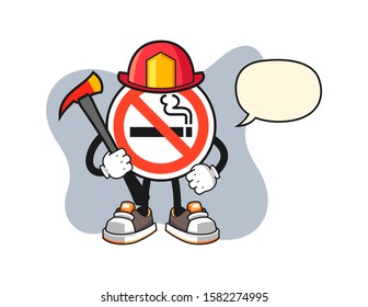 No smoking sign firefighter with speech bubble cartoon. Mascot Character vector.