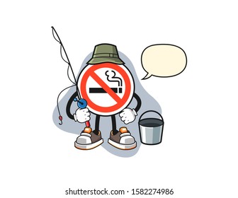 No smoking sign fisherman with speech bubble cartoon. Mascot Character vector.