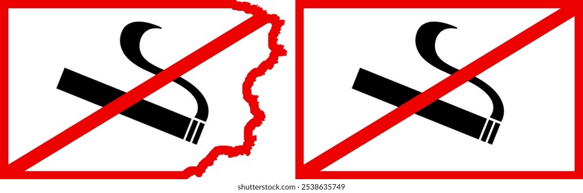 Sinal de não fumador sinaliza vetor de adesivo. Bandeira padrão e com bordas rasgadas