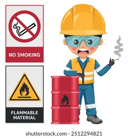No smoking sign. Flammable product warning. Engineer smoking next to a barrel with flammable material. Negligence and non-compliance with safety regulations. Industrial safety and occupational health
