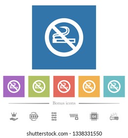 No smoking sign flat white icons in square backgrounds. 6 bonus icons included.