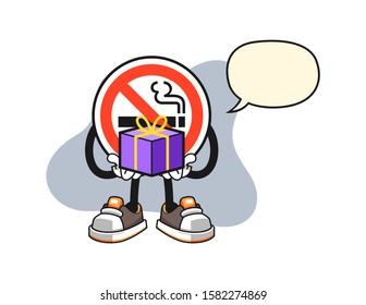 No smoking sign give a gift with speech bubble cartoon. Mascot Character vector.