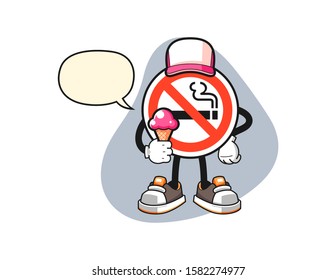 No smoking sign hold ice cream with speech bubble cartoon. Mascot Character vector.