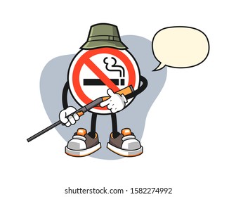 No smoking sign hunter with speech bubble cartoon. Mascot Character vector.