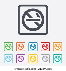 No Smoking sign icon. Cigarette symbol. Round squares buttons with frame. Vector