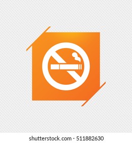 No Smoking sign icon. Cigarette symbol. Orange square label on pattern. Vector