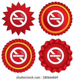 No Smoking sign icon. Quit smoking. Cigarette symbol. Red stars stickers. Certificate emblem labels. Vector