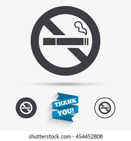 No Smoking sign icon. Quit smoking. Cigarette symbol. Flat icons. Buttons with icons. Thank you ribbon. Vector