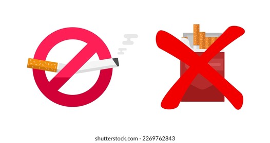 No fumar símbolo vector, dejar de rechazar cigarrillos de tabaco ilustración plana clipart, prohibición prohibida zona de humo, mala adicción al hábito de dejar o rechazar imagen