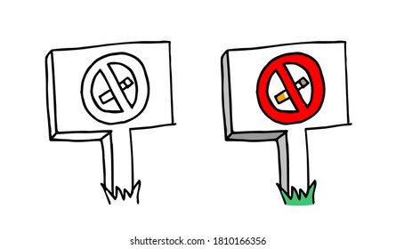 No smoking sign isolated board nailed to the ground, floor. Black and white and color version. Cartoon style hand drawn vector illustration.
