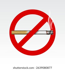 No Smoking sign. A lit cigarette is placed inside a red circle with a diagonal line crossing through it, indicating prohibition. vector illustration