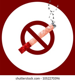 No smoking sign in low poly design with cigarette and ash. Warning banner.  Vector. 
