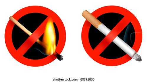 No smoking sign and no matchstick fire sign. Vector illustration.