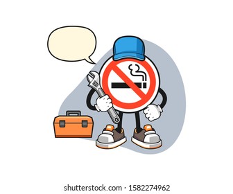 No smoking sign mechanic with speech bubble cartoon. Mascot Character vector.