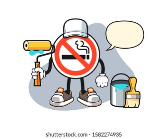 No smoking sign painter with speech bubble cartoon. Mascot Character vector.
