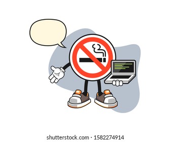 No smoking sign programmer with speech bubble cartoon. Mascot Character vector.