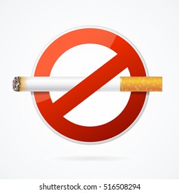 No Smoking Sign with Realistic Cigarette for Poster. Vector illustration Addiction is Dangerous Vector illustration of smoke concept on white, fire tobacco and stop symbol
