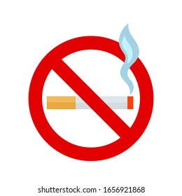 No smoking sign. Red circle sign with crossed cigarette. Warning, prohibited to smoke in public places. Vector illustration, flat design, cartoon style. Isolated on white background.