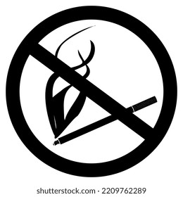 No smoking sign silhouette with crossed out cigarette and smoke isolated on white. Tilted cigarette. Vector icon or design element.