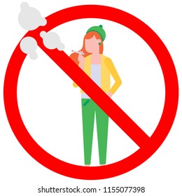 No smoking  sign with standing female girl. Forbidden sign icon isolated on white background vector illustration. Girl smokes her cigarette, red prohobition circle isolated on white background. 