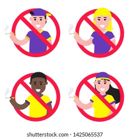 No smoking  sign with standing people set Forbidden sign icon isolated on white background vector illustration. Boy smokes cigarette, red prohobition circle isolated on white background. 