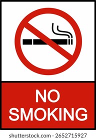 Proibido fumar, assinar e adesivo vetor. Sem área para fumar. Sinal de proibição com silhueta de cigarro e texto na parte inferior. Fundo vertical listrado, vermelho e branco.