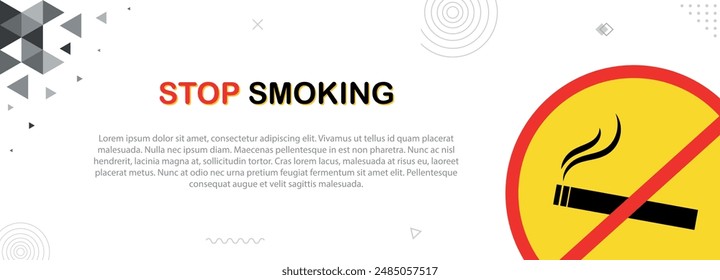 No smoking sign, stop using cigarette and tobacco, banner on white background, copy space for text