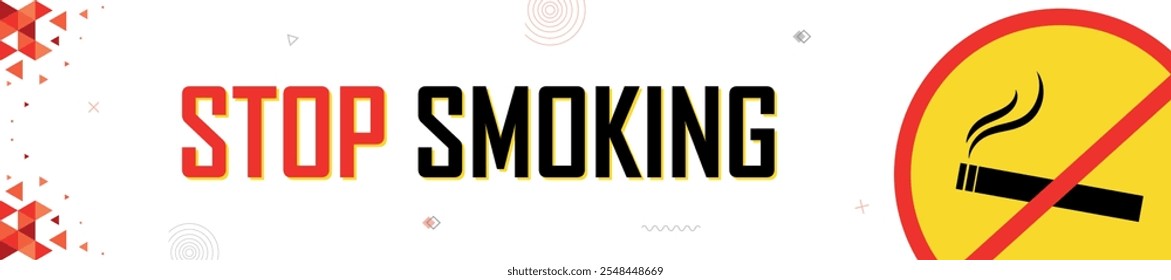 No smoking sign, stop using cigarette and tobacco, horizontal banner on white background