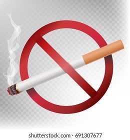 No Smoking Sign Vector. Illustration Isolated On Transparent Background. Cigarette With Smoke And Red No Smoking Area Label Symbol