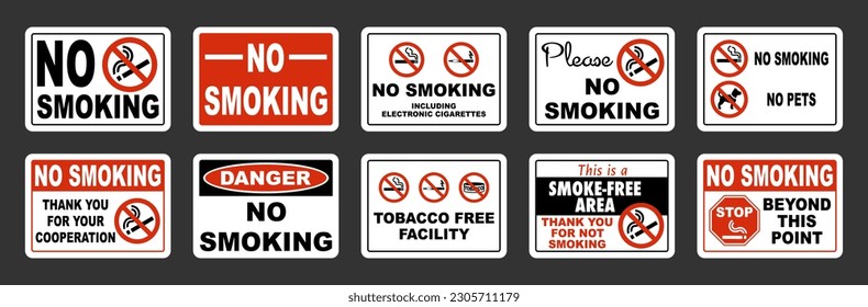 No smoking sign vector set. ten different horizontal versions.