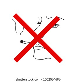 No smoking sign, vector symbol, fire hazard risk icon badge, label with broken cigarette, butts, no littering ribbon concept, prohibit, danger, element flat style isolated on white background