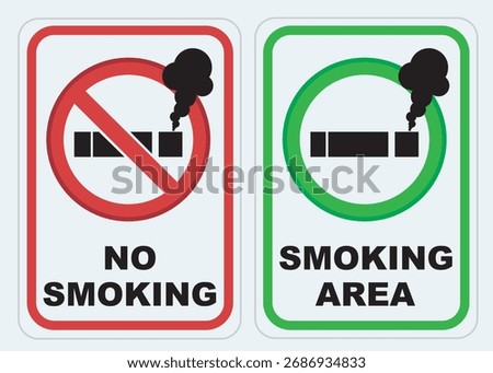 No smoking sign.
White background, red circle, black image and text. Also a smoking area sign. Editable, isolated vector.