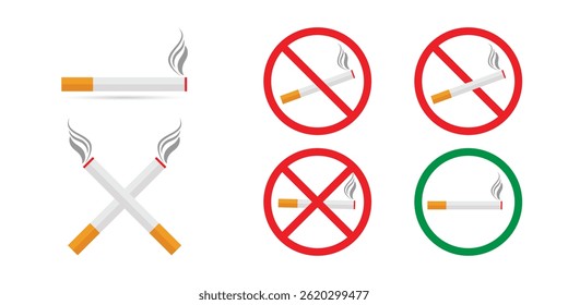 No Smoking Signs and Cigarettes Vector Illustration.