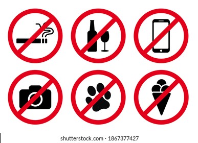 No Smoking signs icon, no photography icon, no dogs vector set